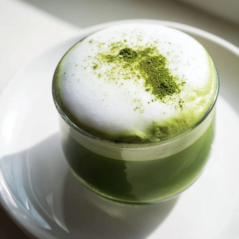 A close-up of a luscious Creamy Matcha Latte, the rich green color contrasted by foamy white topping.