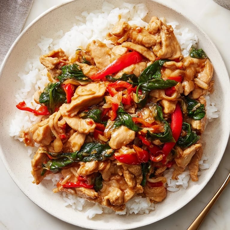 Close-up of fragrant Thai Basil Chicken Bowls, with tender chicken and colorful bell peppers.