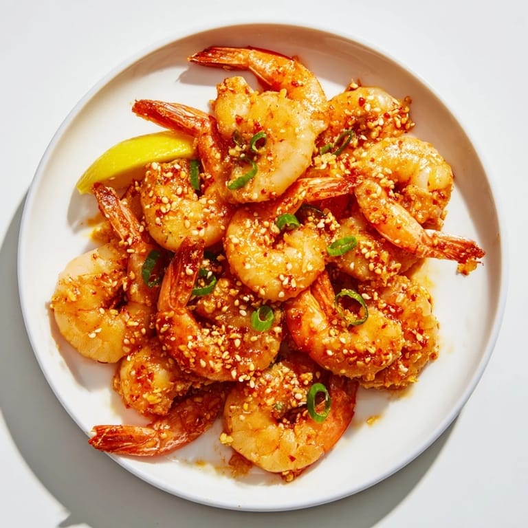 Vibrant photo of spicy Korean Garlic Butter Shrimp glistening with a savory garlic-infused glaze.