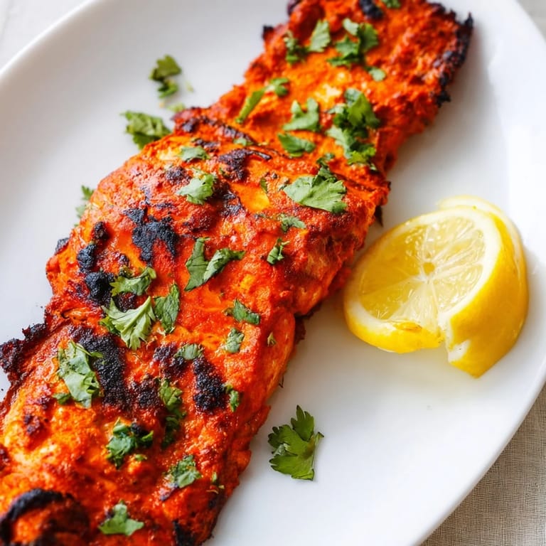Vibrant, spice-infused Indian tikka salmon, beautifully roasted, offering a tender and flaky texture.