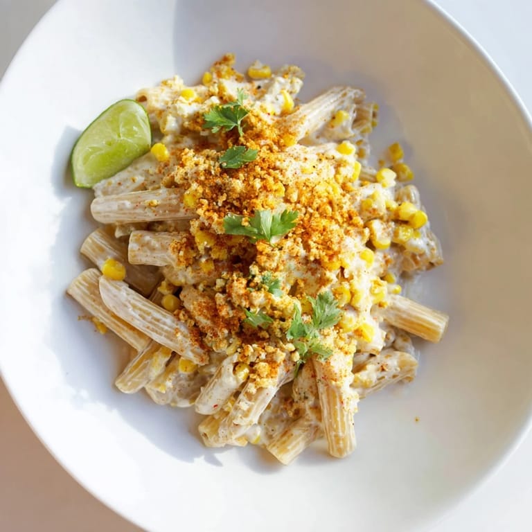 A photo of Mexican Street Corn Pasta, a flavorful vegetarian main dish, ready to enjoy.
