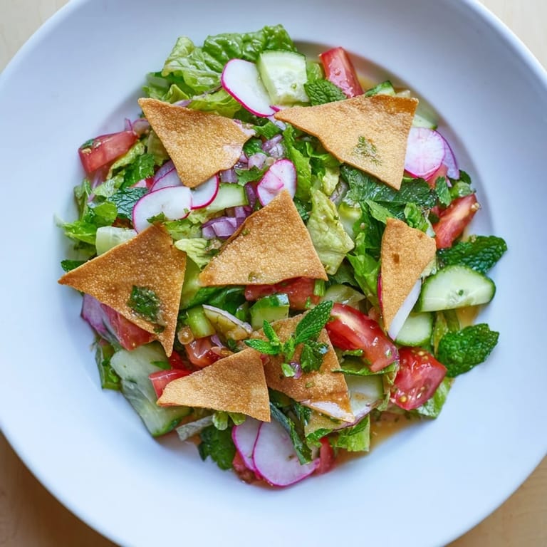 A colorful bowl of Lebanese Fattoush Salad, featuring fresh herbs and a tangy sumac dressing.