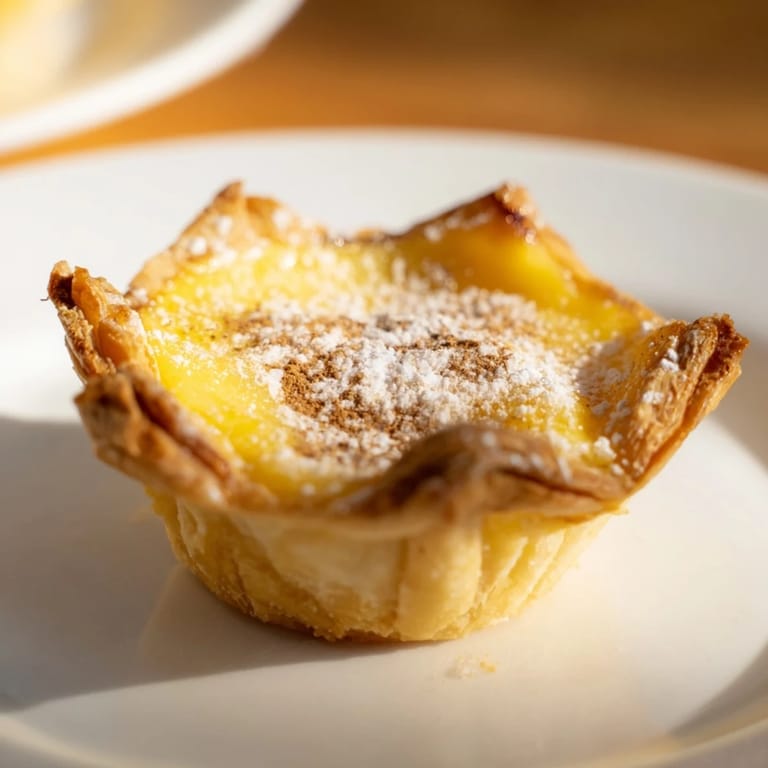 A close-up of Portuguese egg tarts with flaky pastry shells, dusted with cinnamon and powdered sugar.
