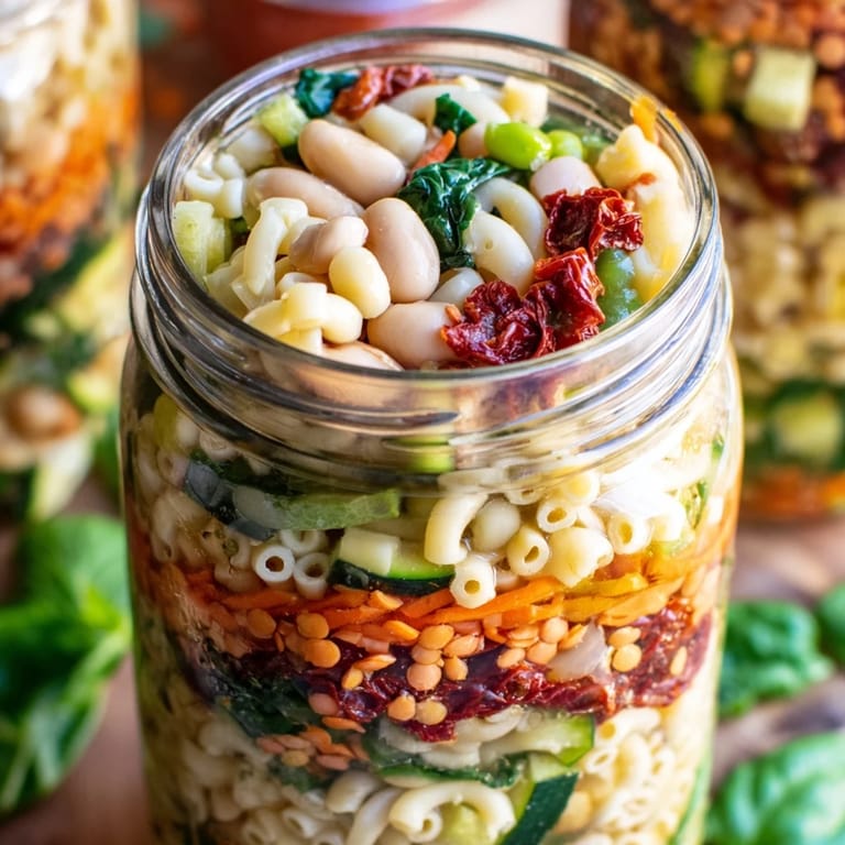 Hearty Minestrone Soup ingredients packed in a jar, showing lentils, tomato paste, and Italian herbs for quick meal prep.