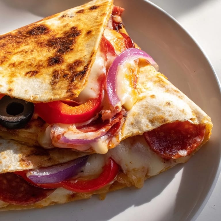 A golden-brown, crispy Tortilla Pizza Wrap served hot with fresh basil and a side of marinara.  