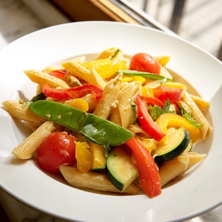A close-up of One-Pot Pasta Primavera, featuring al dente penne coated in creamy sauce with fresh basil garnish.