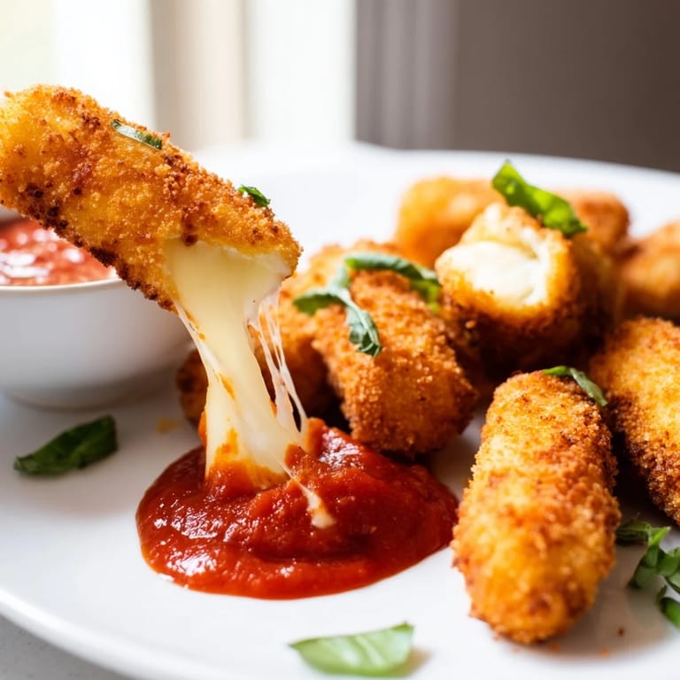 Air fryer mozzarella sticks on a white plate with fresh basil garnish, ready to dip.