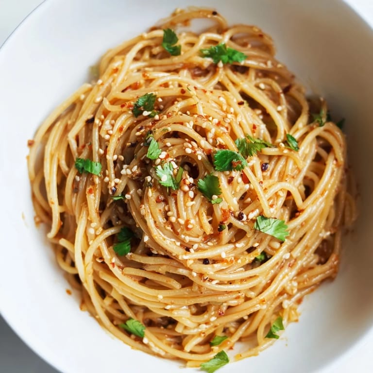 Spicy Sesame Noodle Salad served cold with chewy noodles, a bold chili-oil dressing, and fresh herbs for a quick, light lunch.