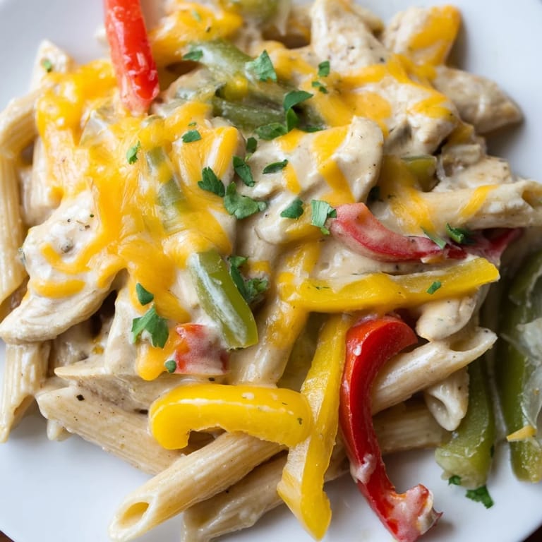 A close-up of Chicken Fajita Pasta in a cast-iron skillet with lime wedges and cilantro.