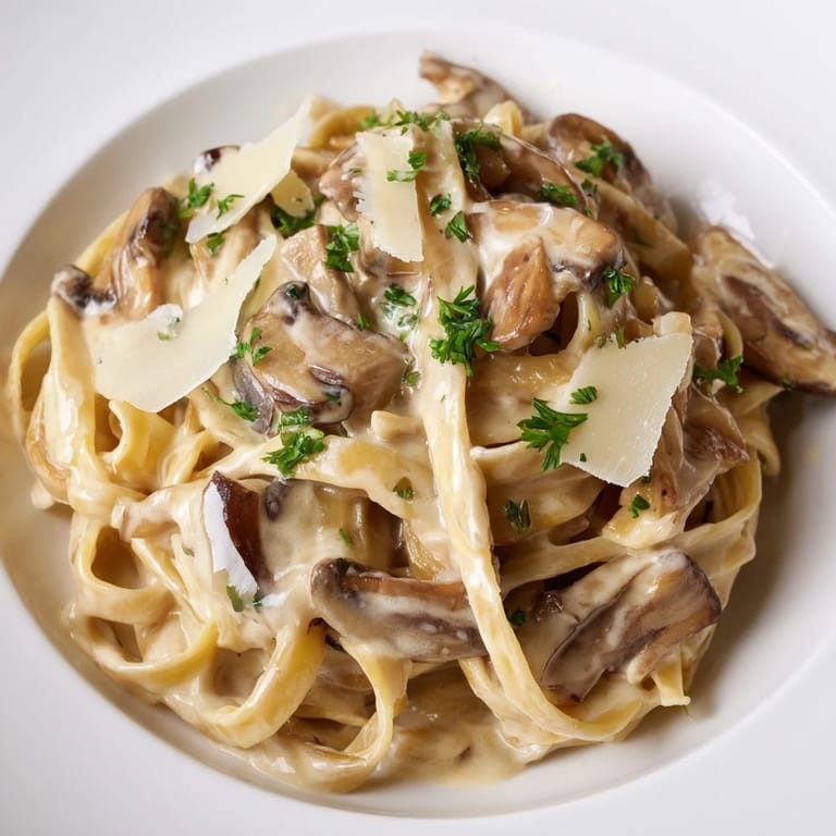 Steaming Creamy Mushroom Alfredo in a white bowl, showcasing golden sautéed mushrooms and garlic in the sauce.