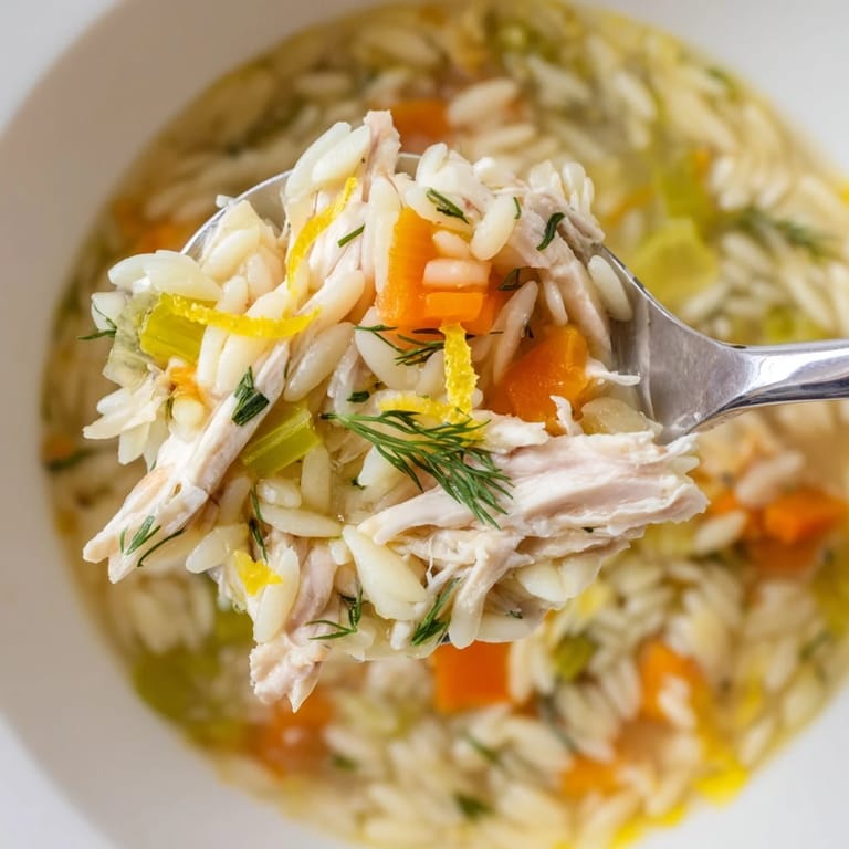 Hearty Chicken Lemon Orzo Soup with tender vegetables and orzo pasta, served steaming hot in a rustic ceramic bowl.  
