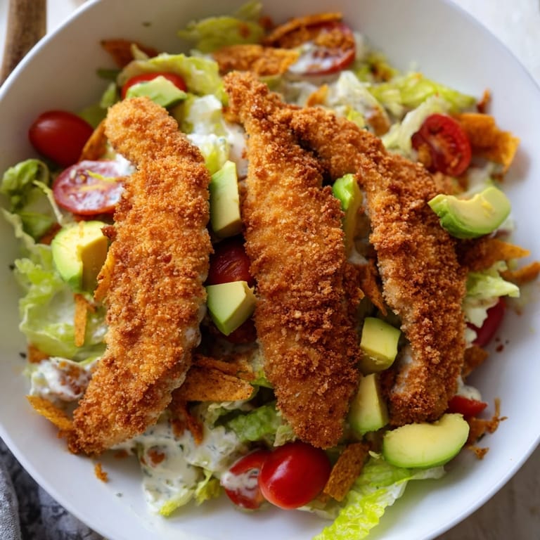 Vibrant Tex-Mex salad with crispy chicken, black beans, corn, cheddar, and avocado slices for a satisfying lunch or light dinner.
