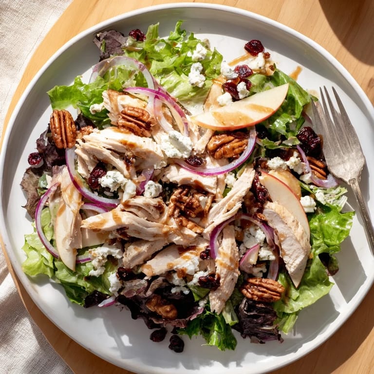 Tender chicken and crisp apples on a bed of mixed greens for a Caramel Apple Chicken Salad, drizzled with caramel-pecan dressing.