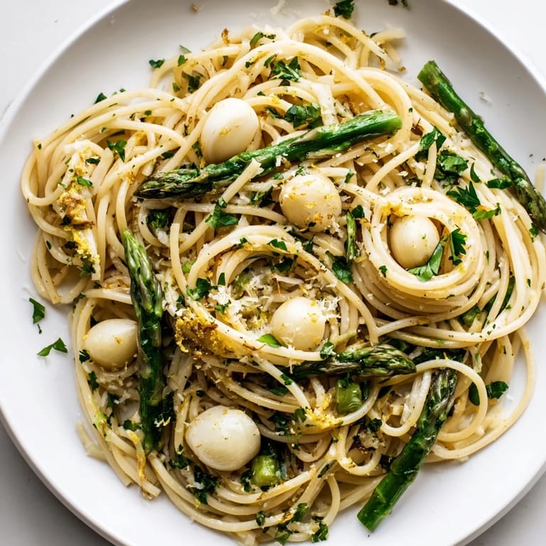 A close-up of Roasted Garlic & Asparagus Pasta shows steam rising, Parmesan flecks, and lemon zest on a simple ceramic plate.