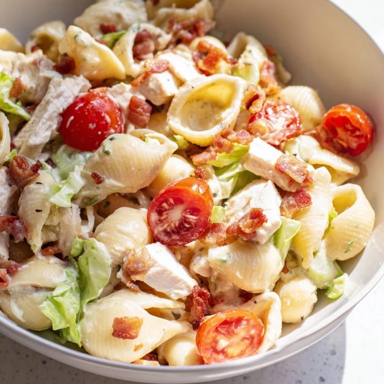 Hearty BLT Chicken Pasta Salad served chilled, featuring crisp romaine lettuce and savory grilled chicken on pasta shells.