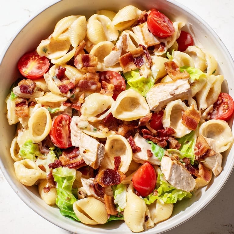 Bright BLT Chicken Pasta Salad in a white bowl, perfect for a refreshing lunch or easy potluck meal.