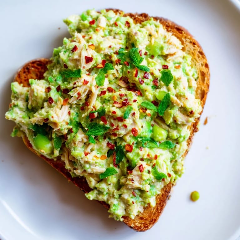 Smashed Pea & Chicken Toast open-faced sandwich on rustic bread, featuring vibrant green peas and savory shredded chicken.  