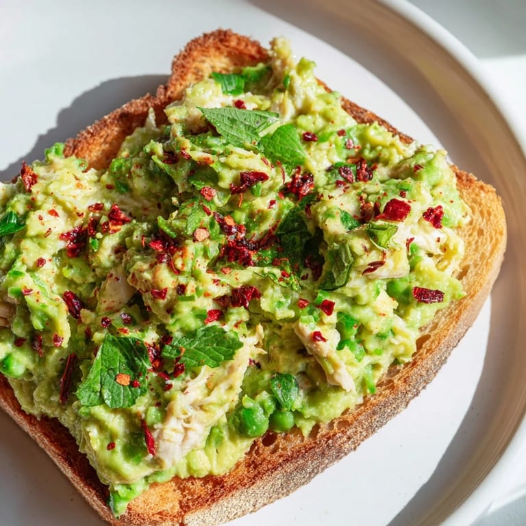 Warm, crispy Smashed Pea & Chicken Toast served with a hint of chili heat and crumbled feta on top.