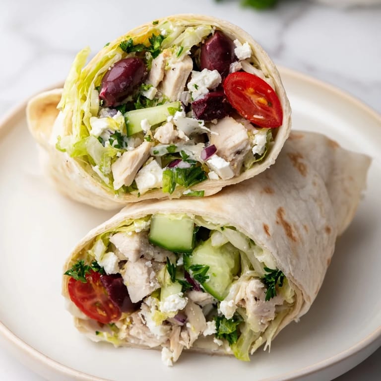 Freshly rolled Greek Lemon Chicken Salad Wrap held in hand, with shredded romaine lettuce peeking out of the ends against a sunny patio backdrop.