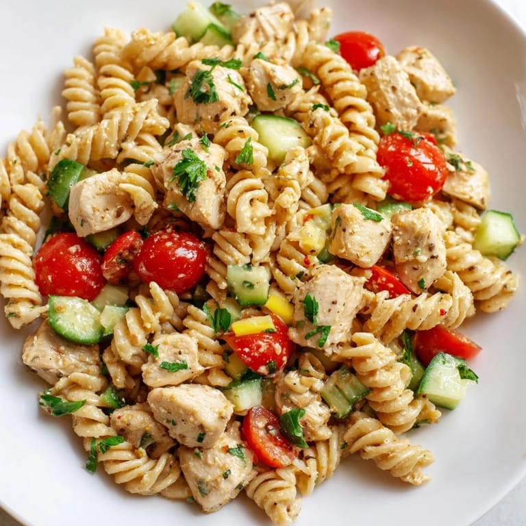 Cool spiral pasta, diced chicken, and crunchy vegetables combine in a sweet and tangy honey mustard dressing, ready for a light main dish meal.