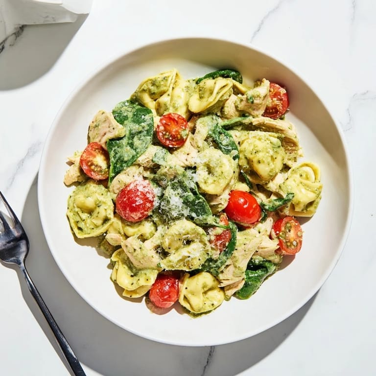 Family-style creamy pesto tortellini skillet with juicy chicken, wilted spinach, and bright tomatoes.