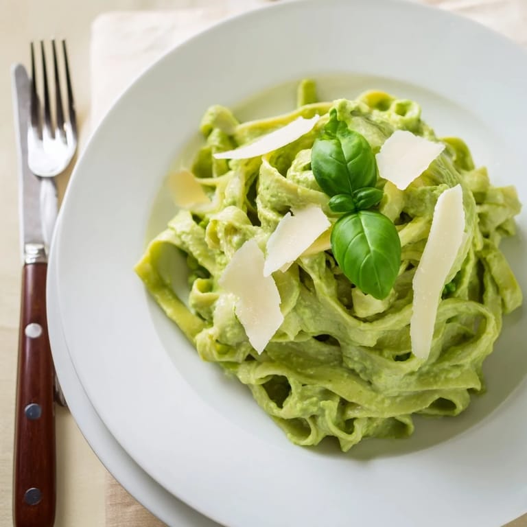Freshly tossed Creamy Green Pea Alfredo with tender fettuccine noodles, vibrant green peas, and a light dusting of Parmesan cheese.  