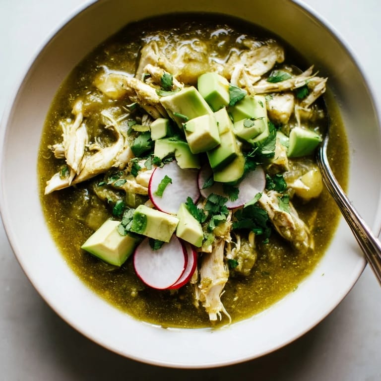 In a steaming Dutch oven, Chicken Chili Verde simmers with vibrant green sauce, inviting you to ladle it over warm corn tortillas. 
