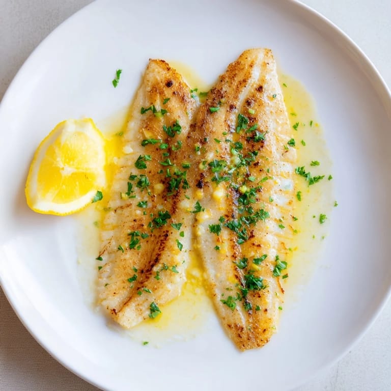 Tender, flaky flounder meunière fillets glistening with nutty brown butter and a bright squeeze of lemon.