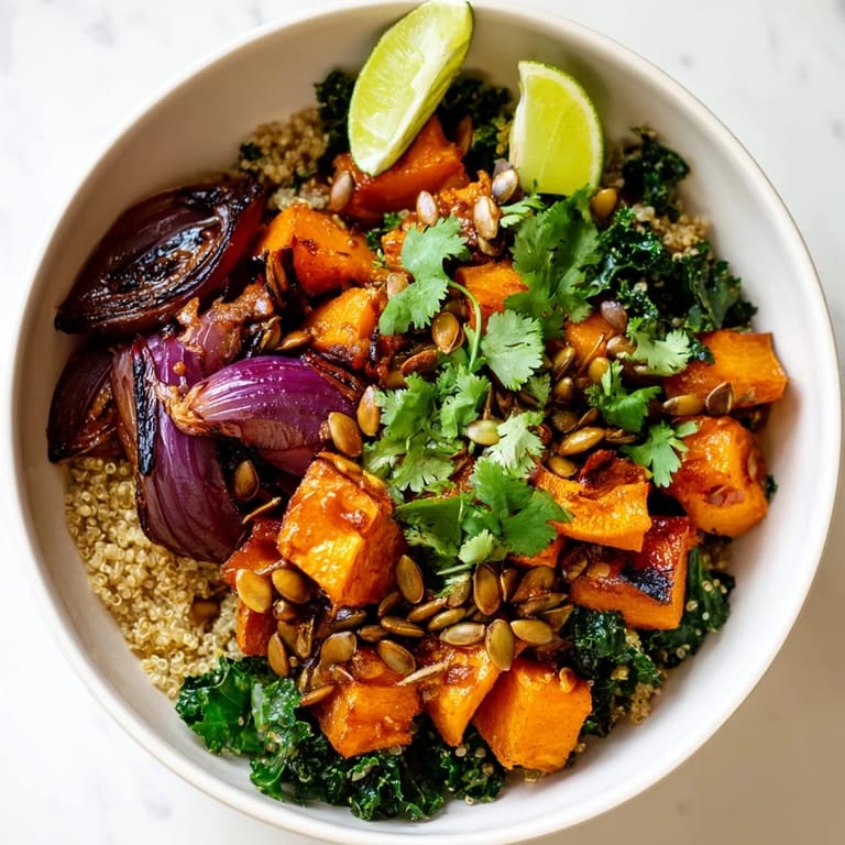 Overhead view of a warm Sweet and Spicy Red Kuri Squash Bowl, garnished with fresh cilantro and lime wedges for a bright finish.
