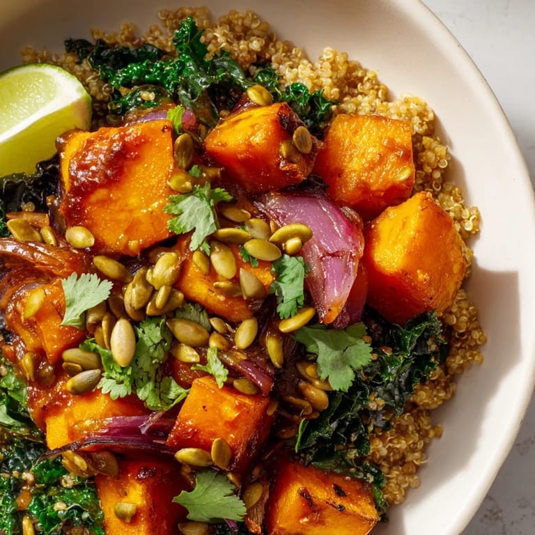 Savory Sweet and Spicy Red Kuri Squash Bowl served over fluffy quinoa, topped with red onion and a drizzle of maple glaze.
