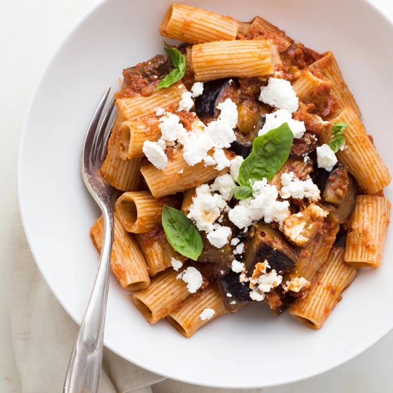 A close-up of vibrant Pasta Alla Norma showcases glossy tomato sauce, golden eggplant, and fresh basil garnish on a rustic table.