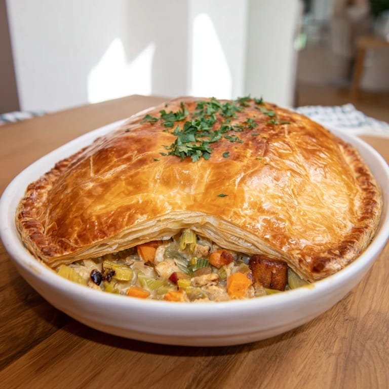A slice of savory chicken and leek pie rests on a rustic plate, garnished with fresh parsley and served warm.