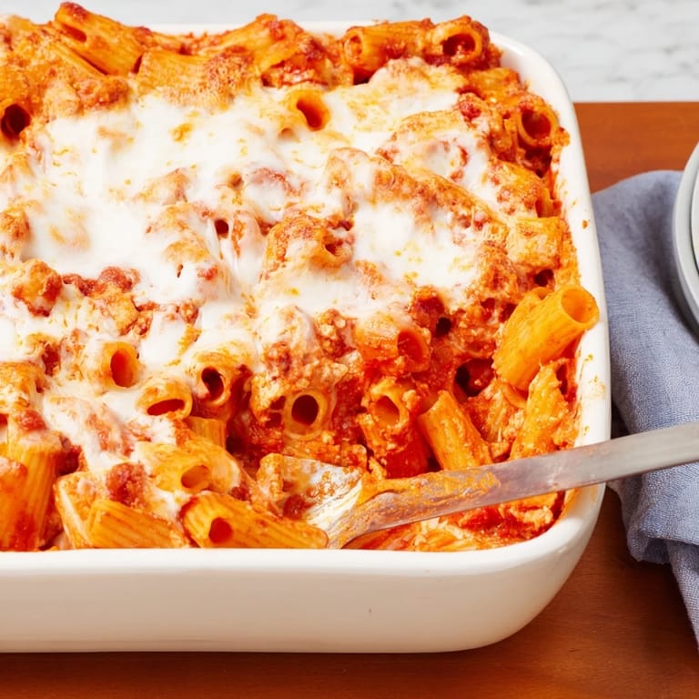 Layers of ziti, creamy ricotta, and savory tomato sauce in a Freezer Make-Ahead Baked Ziti, paired with garlic bread.