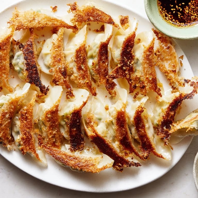 Four golden smashed gyozas with seared crispy bottoms sit on a white plate with a small bowl of soy-vinegar dipping sauce.