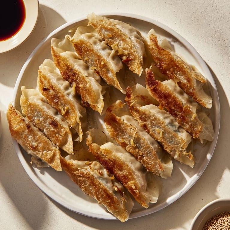 A close-up of smashed gyozas highlights steam rising from tender wrappers and crispy, golden-brown edges on a dark gray plate.
