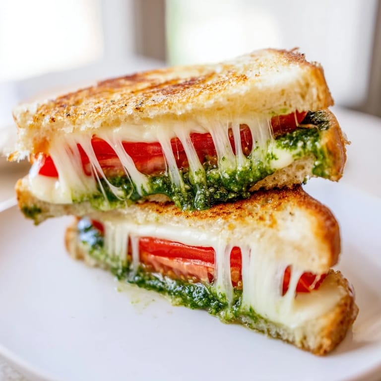 Fresh mozzarella and ripe tomato slices peek out from between toasted sourdough bread, generously spread with green basil pesto for an Italian-American Caprese Pesto Grilled Cheese.