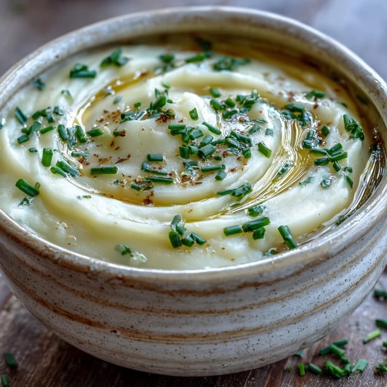 A close-up of silky Potatoes Leek Soup shows chopped chives and an optional olive oil swirl, steaming gently next to crusty bread for dipping.