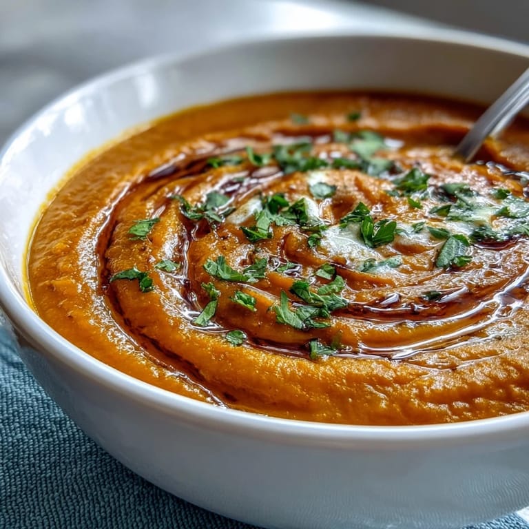 Close-up of a bowl of Carrot and Lentil Soup with crusty bread for dipping.