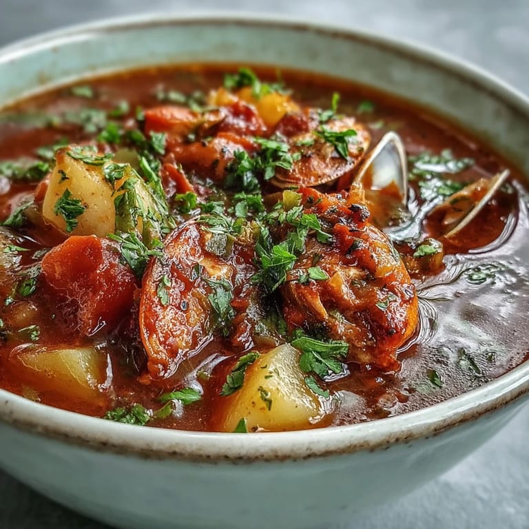 Hearty bowl of Manhattan Clam Chowder featuring tender potatoes, clams, and aromatic vegetables garnished with parsley.