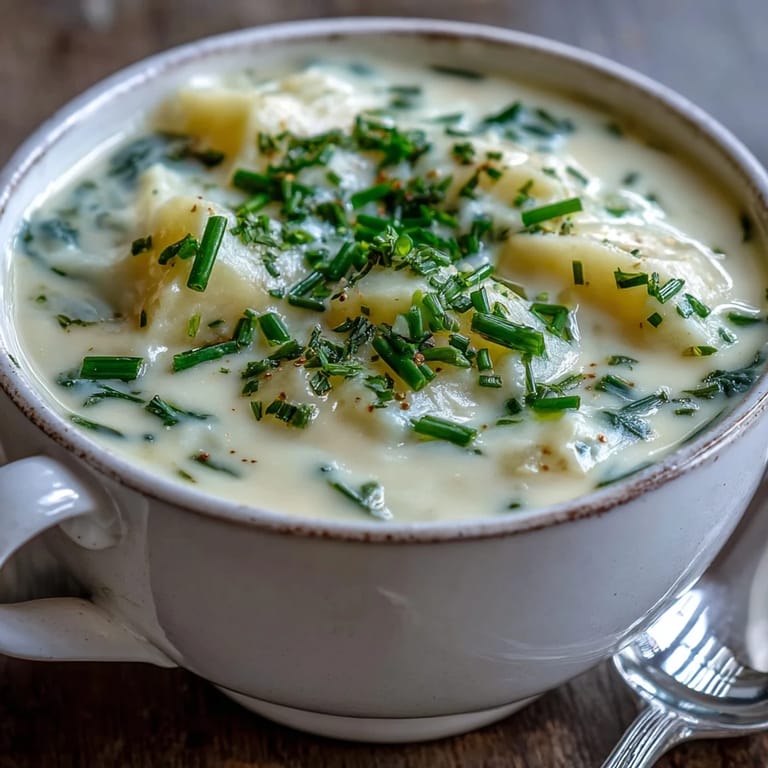 Silky blended Potato Leek Soup steaming in a ceramic bowl, garnished with fresh thyme and a swirl of cream.