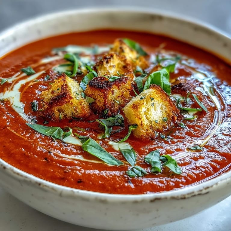 Creamy Roasted Tomato Soup in a white bowl, garnished with fresh basil and crisp croutons, ready to eat.