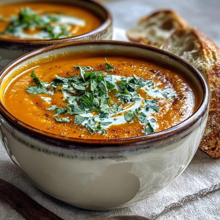 Velvety Carrot Ginger Soup topped with pumpkin seeds, paired with a slice of rustic bread for dipping.