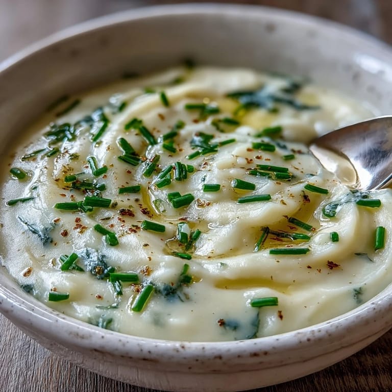Hearty Potato Leek Soup served in a dark bowl, featuring tender potatoes and leeks with optional shrimp for a seafood twist.