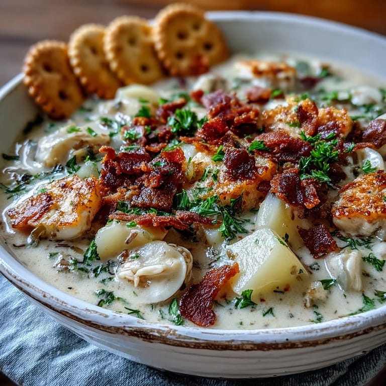 Homemade New England Clam Chowder featuring tender clams and Yukon Gold potatoes, paired with crusty bread for dipping.