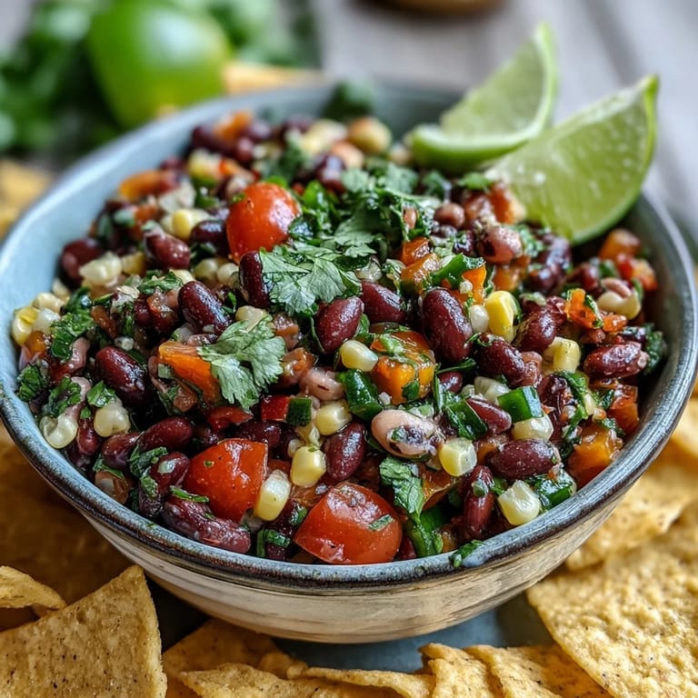 Close-up of Cowboy Caviar in a clear bowl, showcasing fresh cilantro and colorful vegetables in a tangy vinaigrette.