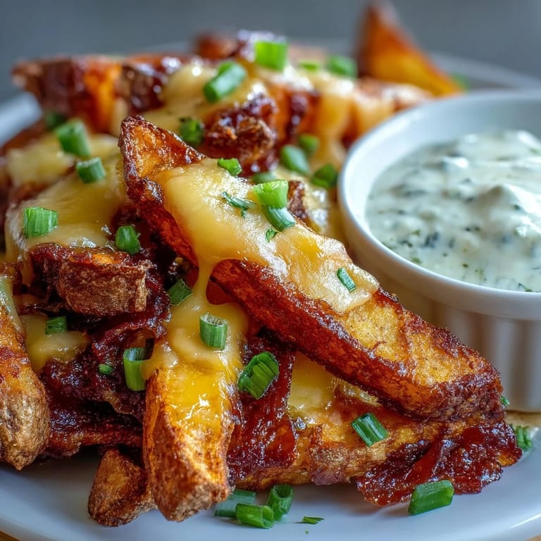 Cheesy BBQ Fries with Ranch Dip served hot with smoky seasoning and bubbly cheese on a rustic wooden table.  