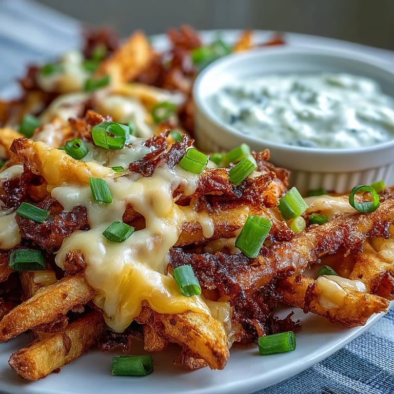 Homemade Cheesy BBQ Fries with Ranch Dip, featuring crunchy fries, rich cheese, and cool creamy dip for dipping.