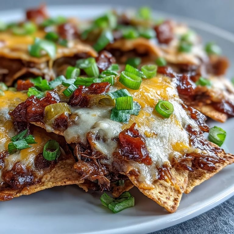 Fresh jalapeños and diced red onion garnish warm, cheesy BBQ Beef Nachos ready for game day.