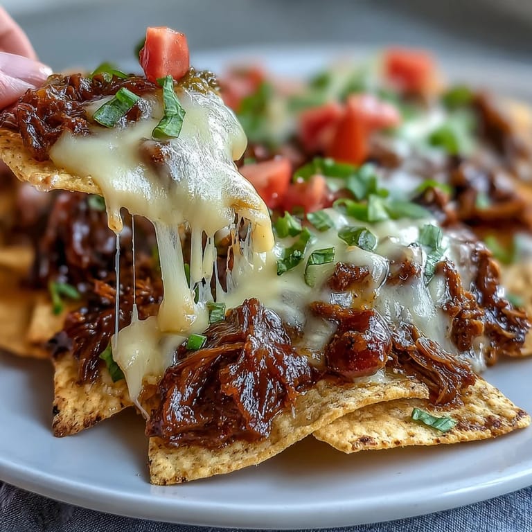 Oven-baked BBQ Beef Nachos feature golden melted cheese and sour cream drizzled over hearty beef.