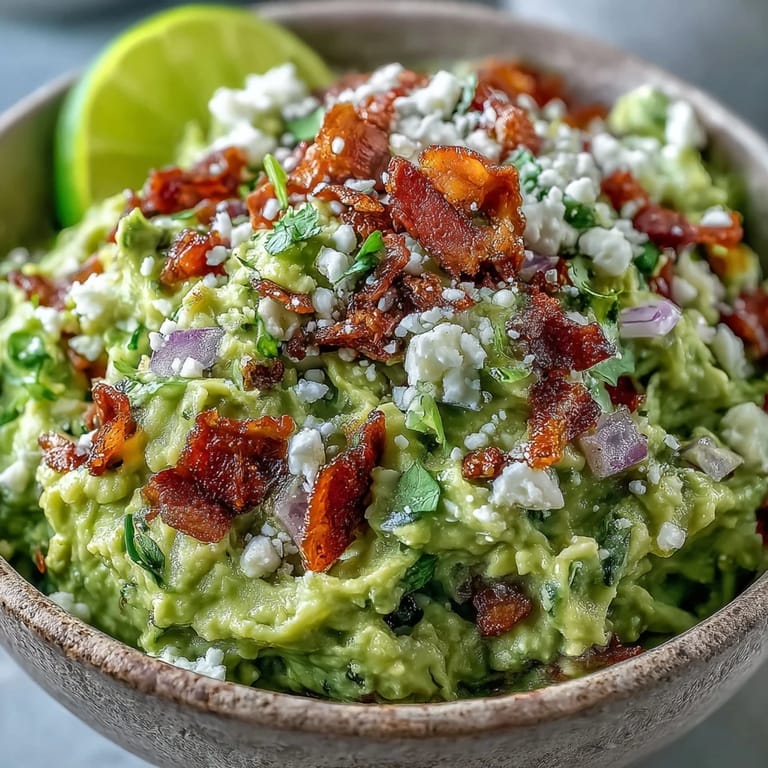 Serving bowl of Bacon Guacamole With Cotija Cheese topped with extra bacon, Cotija, and lime slices, paired with crunchy tortilla chips.